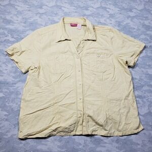 Papagallo Top Womens XL Yellow Linen Blend Short Sleeve Button Up Front Pockets